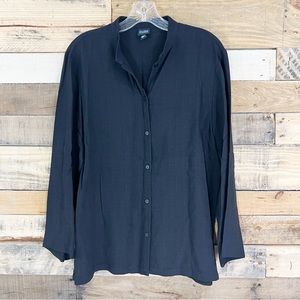 Eileen Fisher Black Textured Linen Blend Buttondown Shirt Long Sleeve